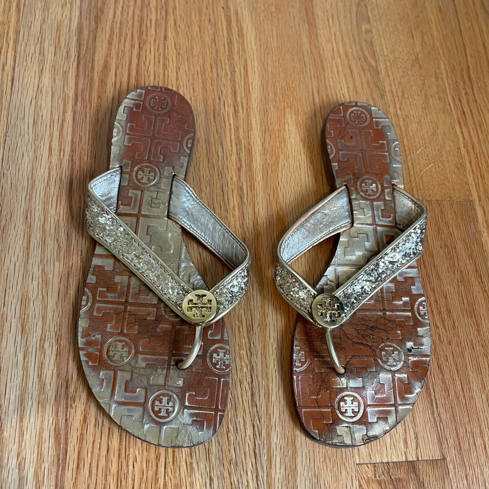 Tory Burch Gold and Brown Patterned Sandals